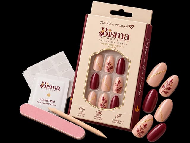 BISMA Beauty press-on nail kit: a boxed set of nails with adhesive tabs, nail file, cuticle stick and prep pad