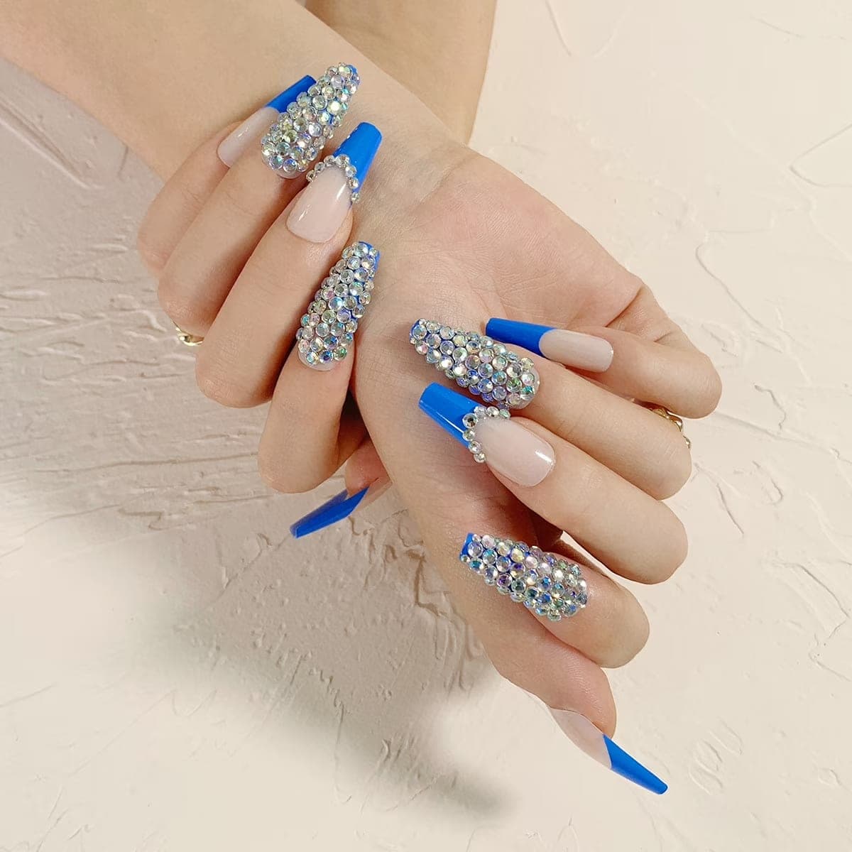 Blue French Rhinestone Press On Nails