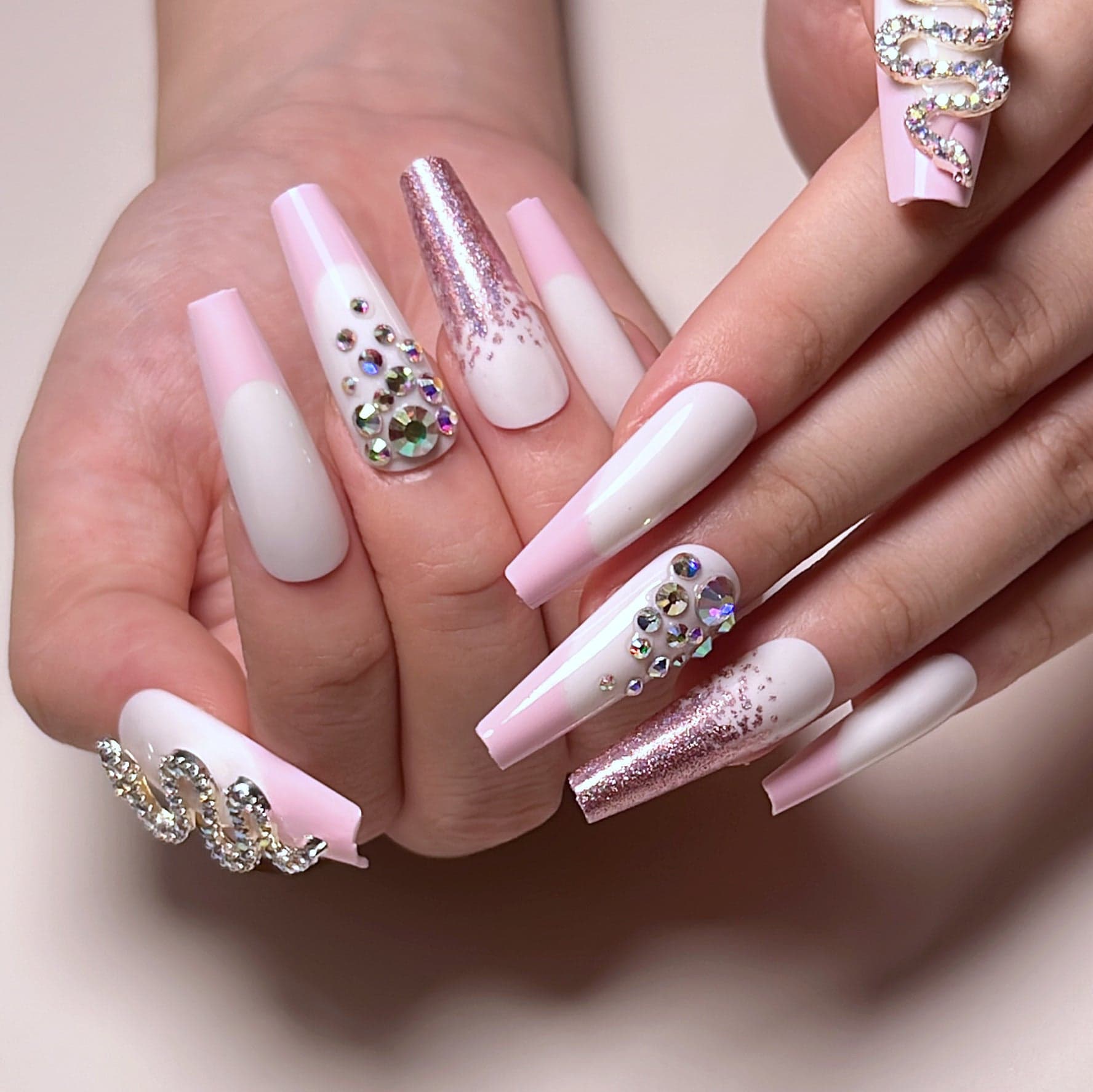 Pink Purple French Rhinestone Glitter Press On Nails