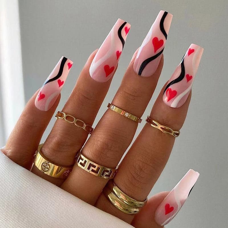 Long Ballet Nude Pink Heart Line Art Press On Nails