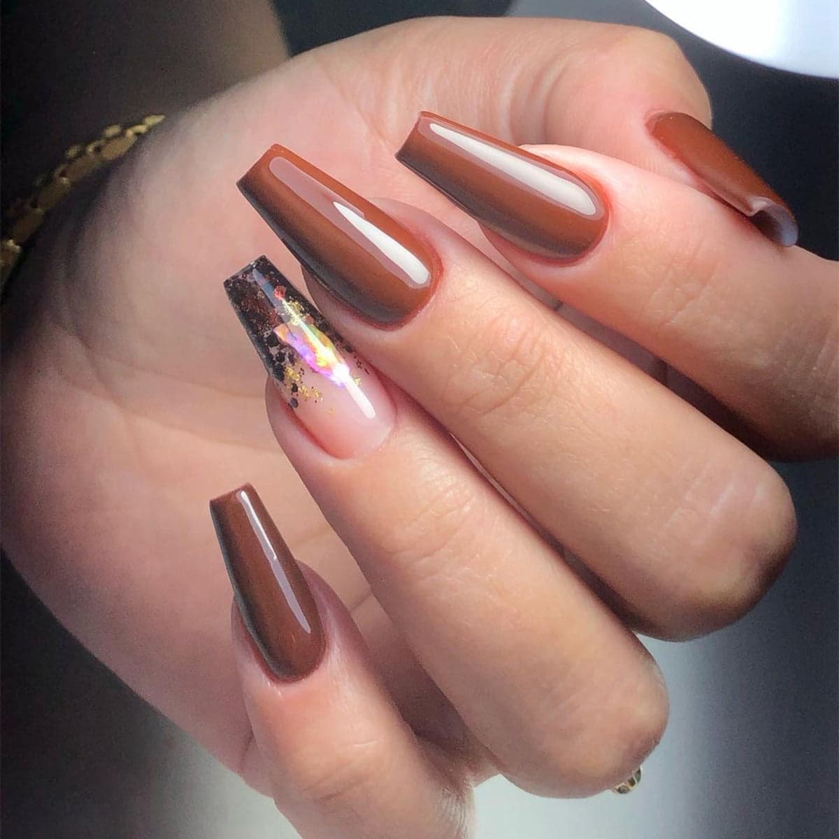 Nude Coffee Brown Glitter Minimalist Press On Nails