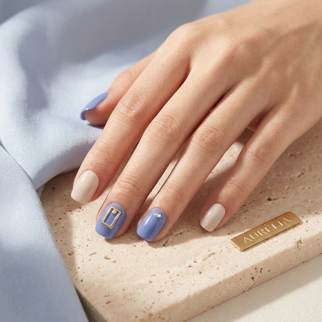 Blue Bead Chain Accent Press On Nails