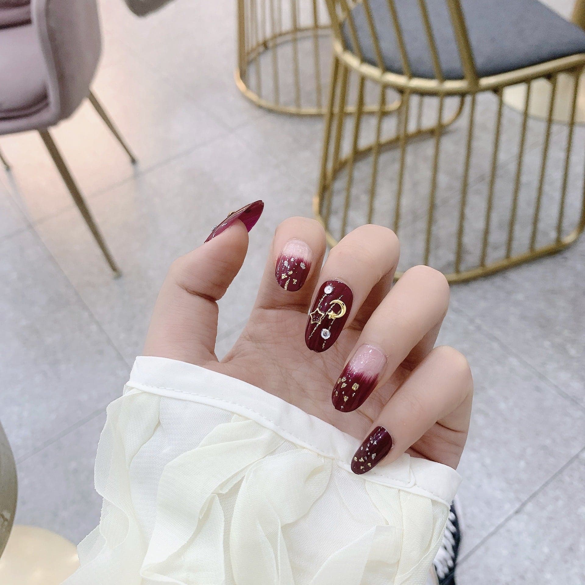 Burgundy Ombre Star Moon Press On Nails