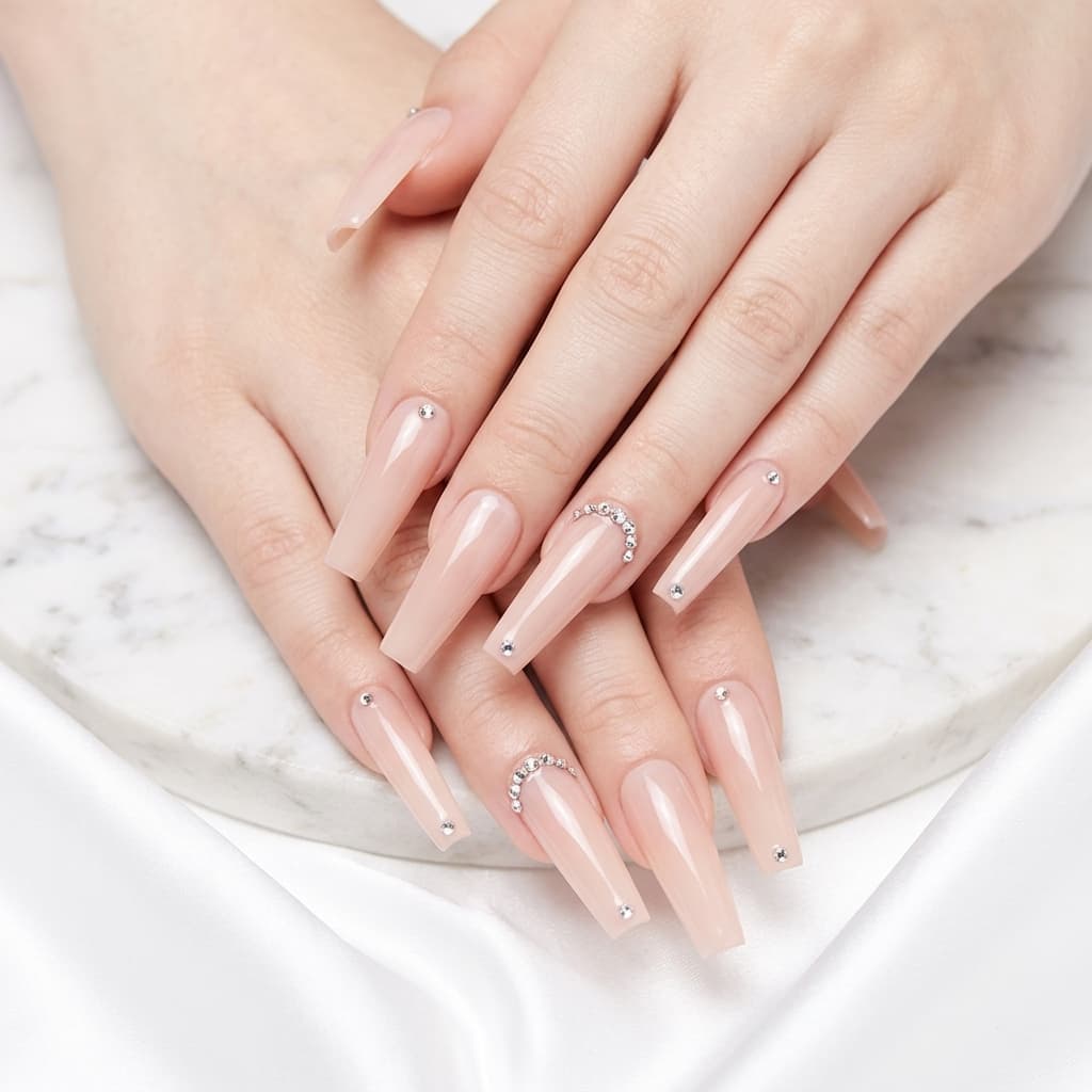 Long Ballet Milk Tea Full Diamond Press On Nails