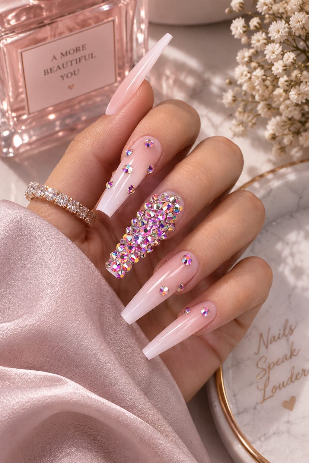 Pink Silver Glitter Rhinestone Coffin Press On Nails