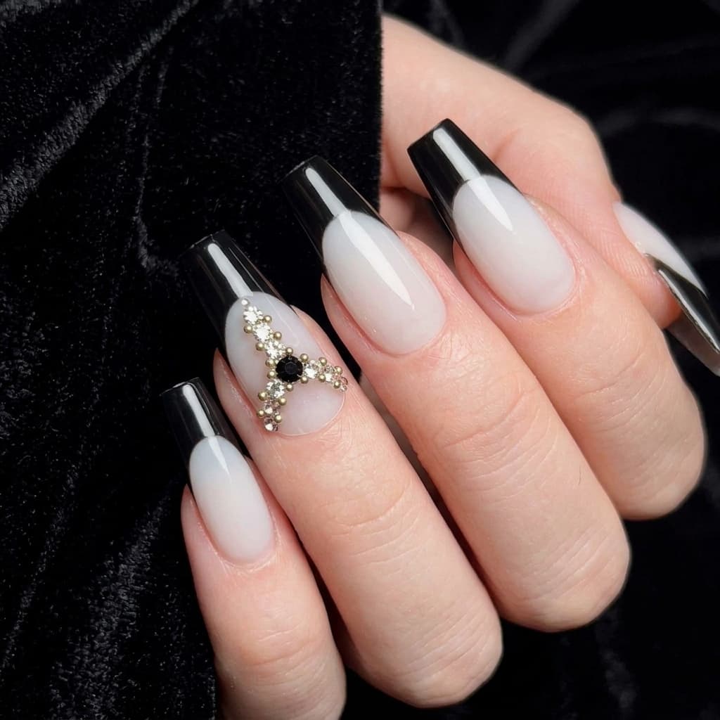 Black French Diamond Press On Nails